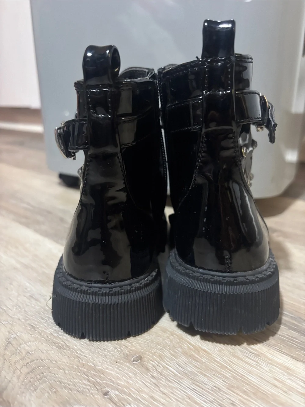 DKNY Girls Ava Dila Moto Black Patent Studded Combat Boots